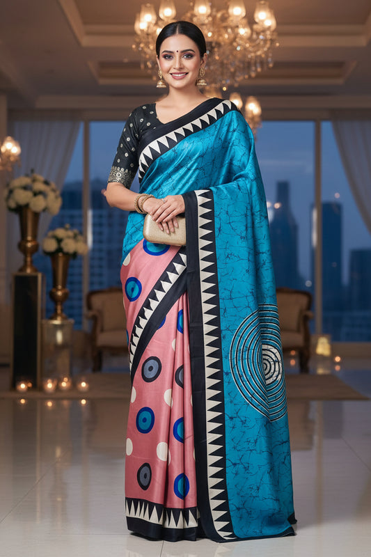 Pink & Blue Evil Eye Print Satin Saree