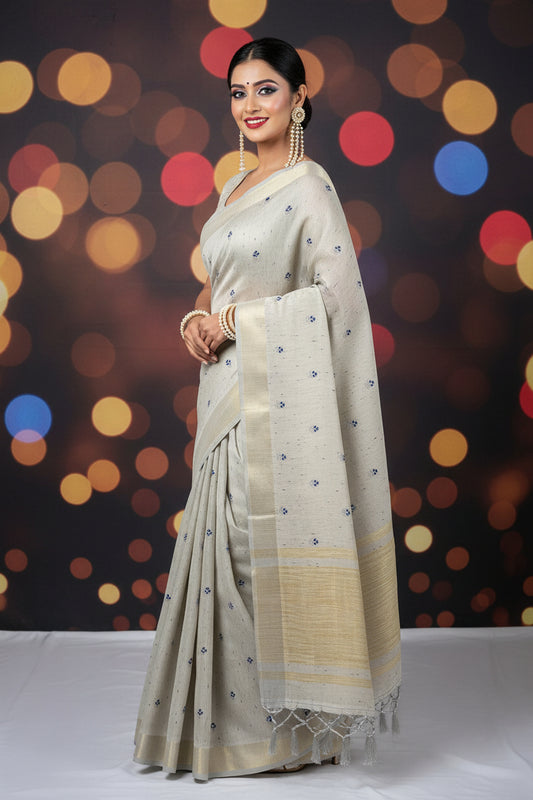 White and Golden Embroided Khadi Silk Saree