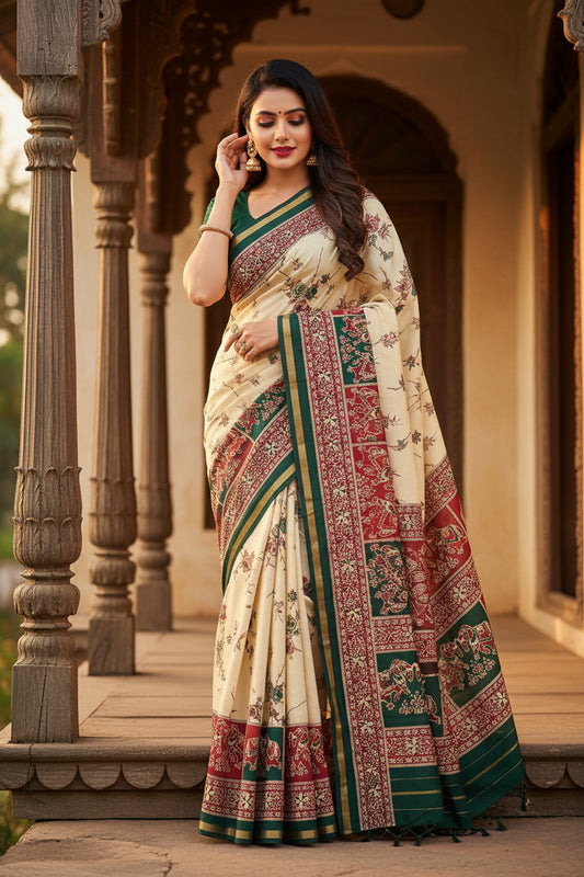 Light Brown Floral Print Cotton Silk Saree