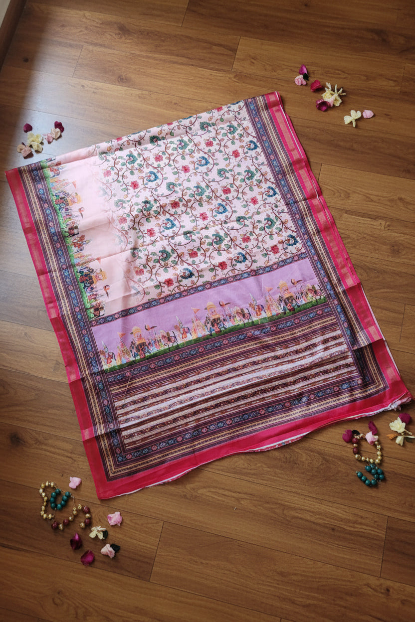 Peach Floral Print Cotton Silk Saree