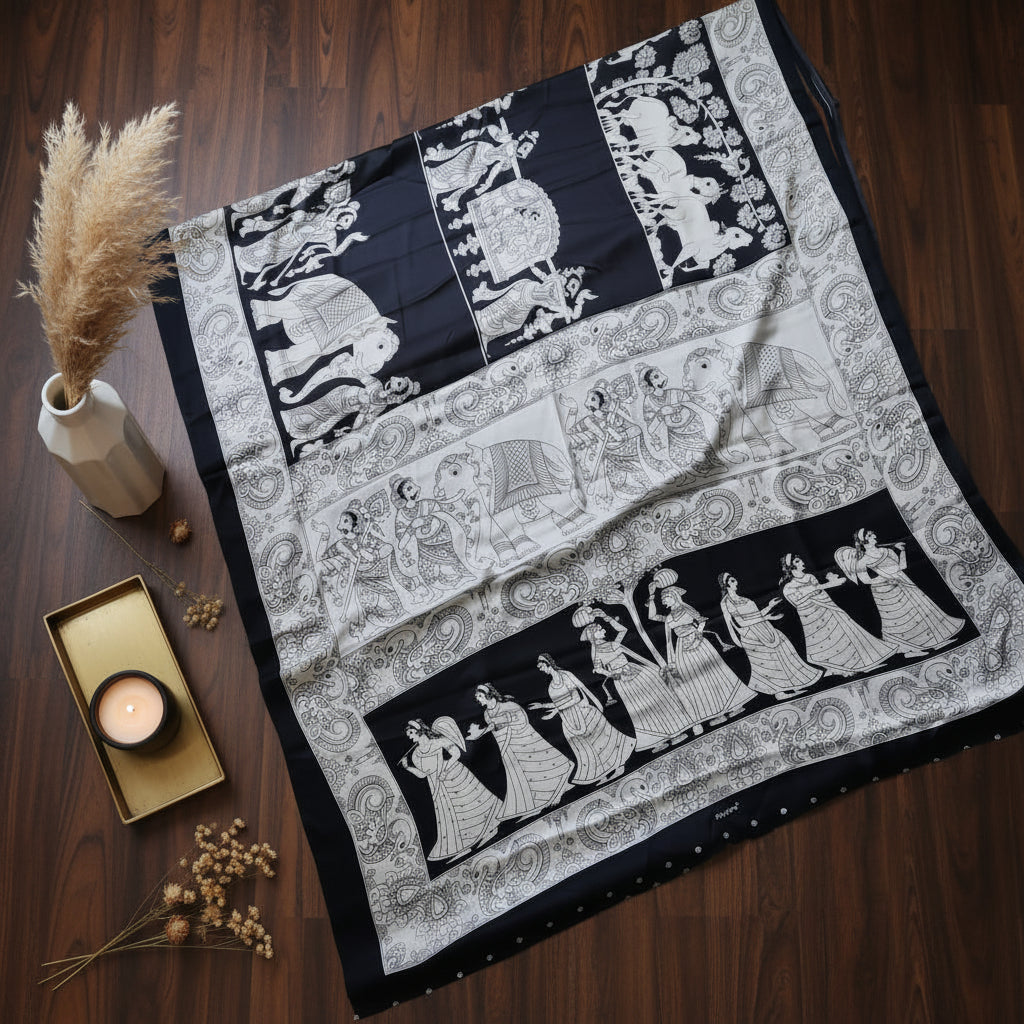 Black White Kalamkari Print Satin Saree