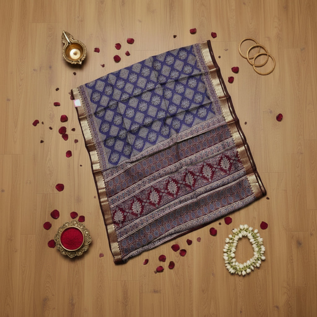 Purple Maroon Ajarakh print Chanderi Cotton Saree