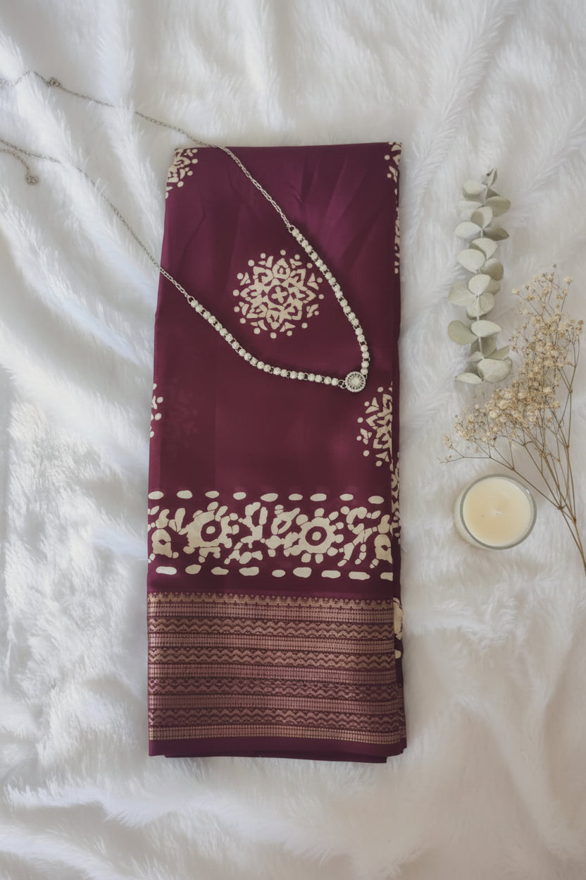Wine Floral Print Dola Silk Saree