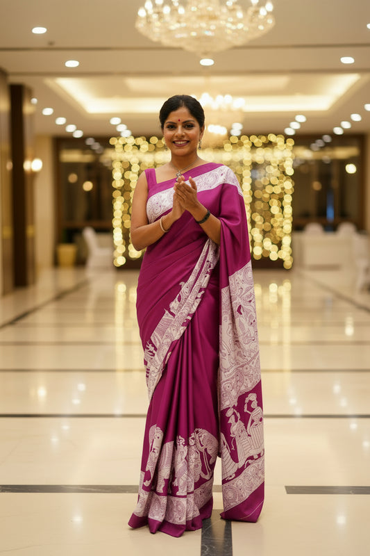 Bright Pink Kalamkari Print Satin Saree