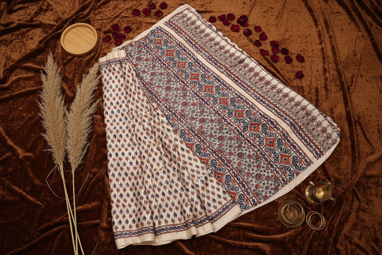 Beige Block Print Satin Saree