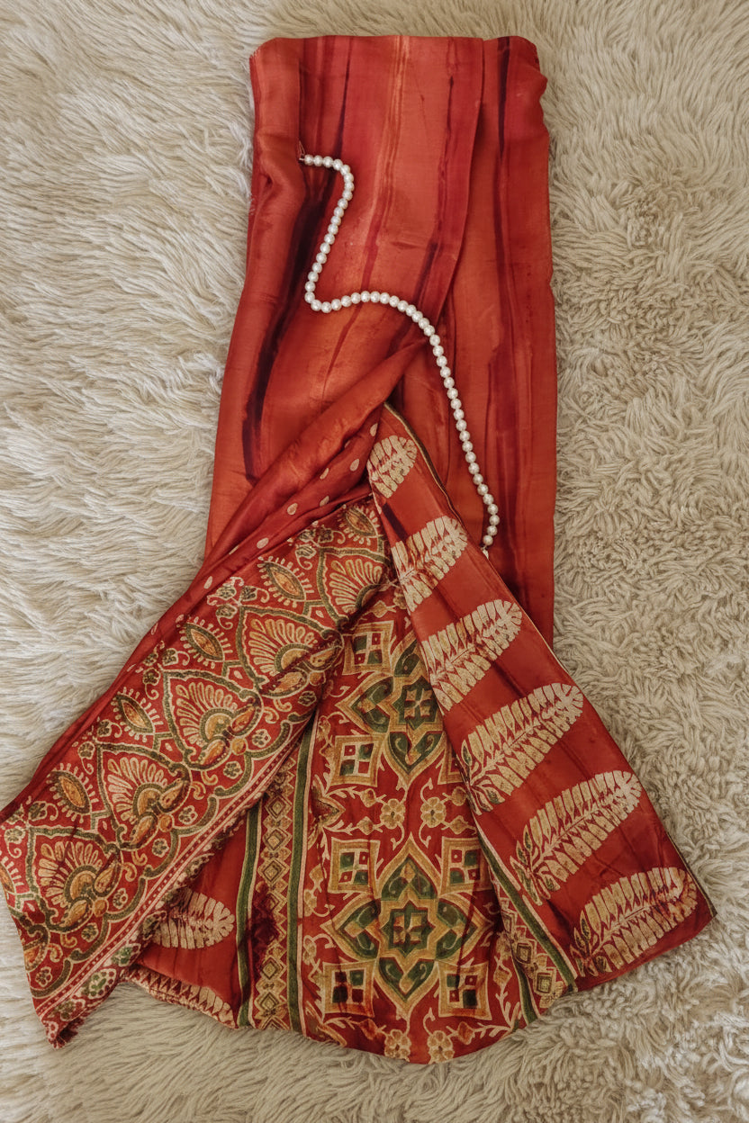 Orange Marble print Satin Saree