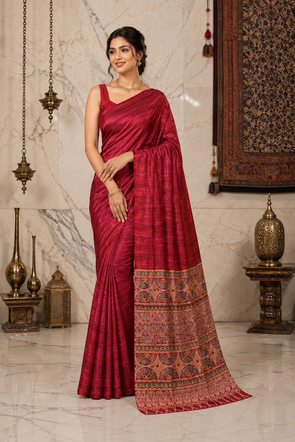 Tomato Red Marble Print Satin Saree